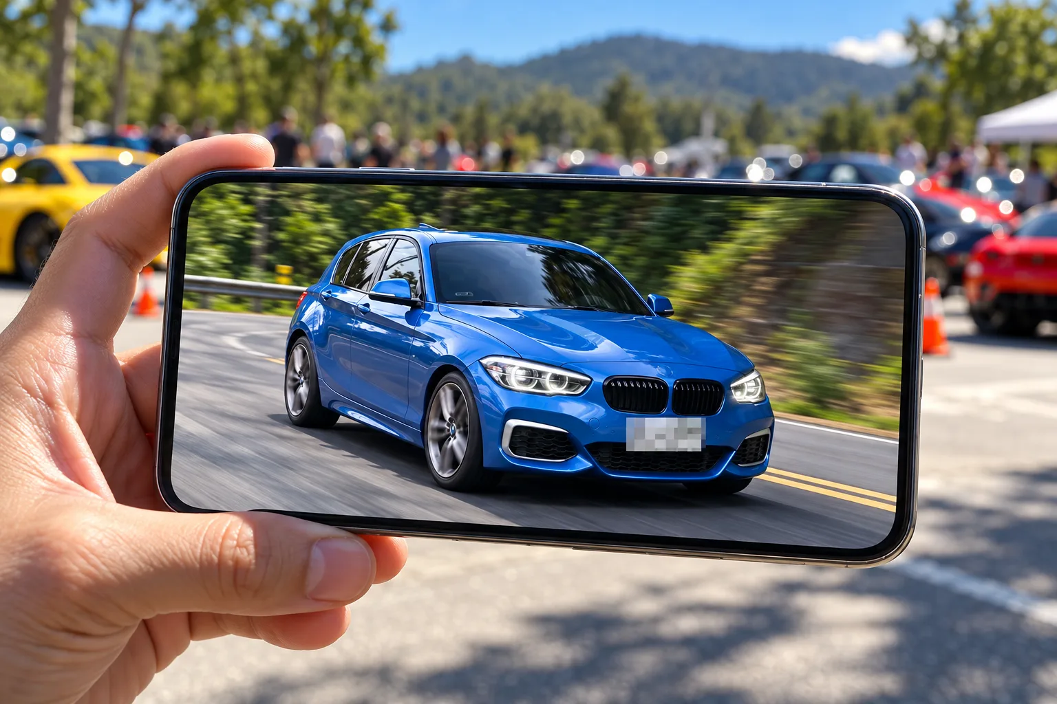 手機播放 BMW F20 跟拍影片,車牌位置已經打上馬賽克