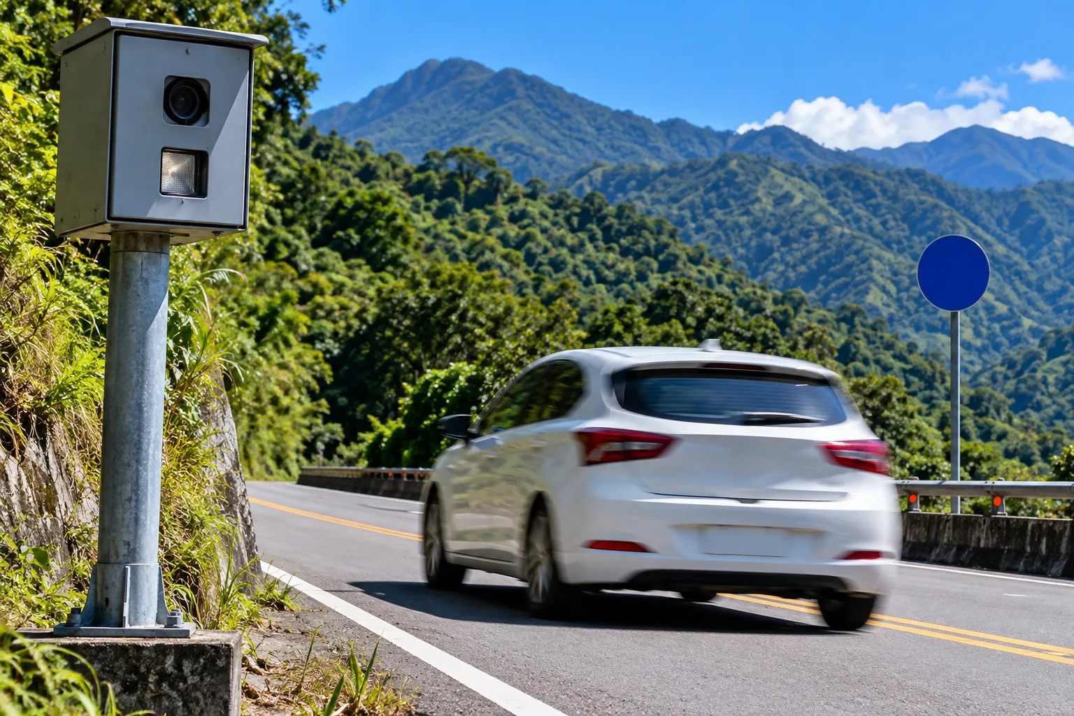 山路旁的固定式測速照相機,一台白色掀背車從前方通過